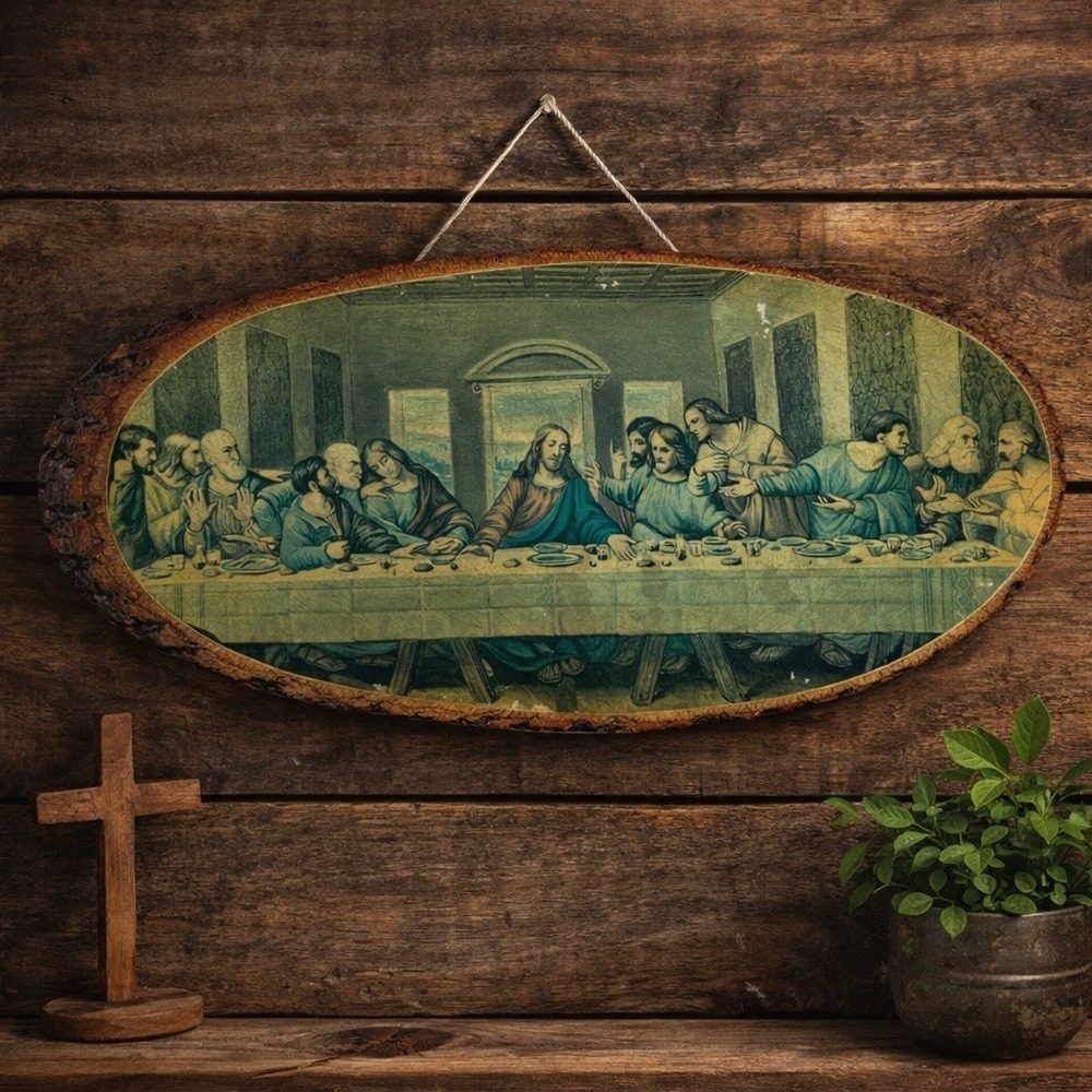 VTG Last Supper Wood Slab Wall Plaque 16.5" Live Edge Bark Rustic Crackle Jesus